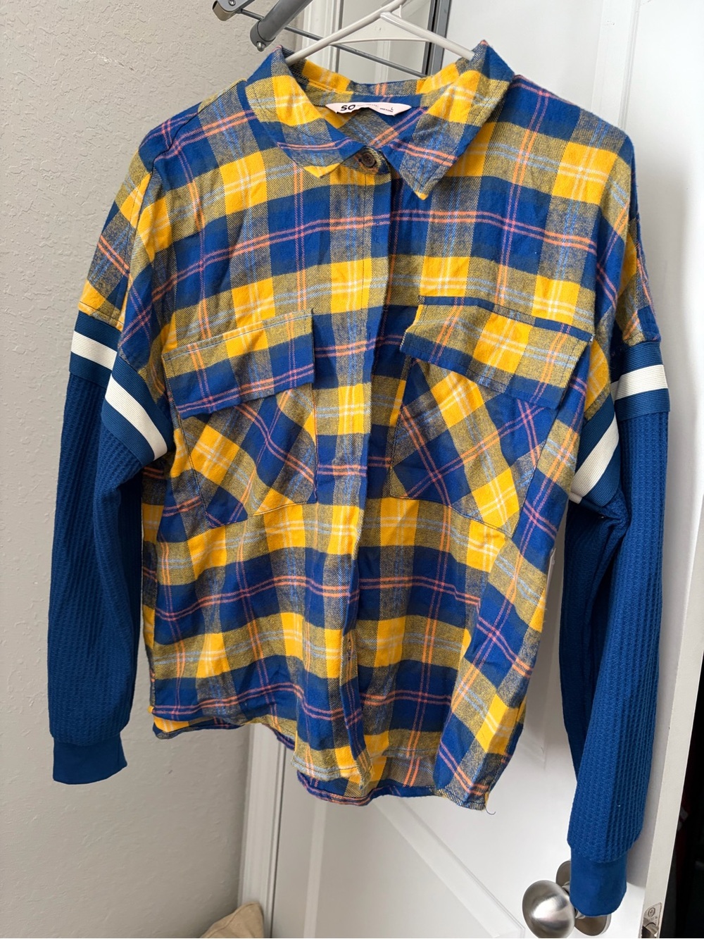 Yellow & Blue Plaid Button-Up Shirt with Blue Knit Sleeves